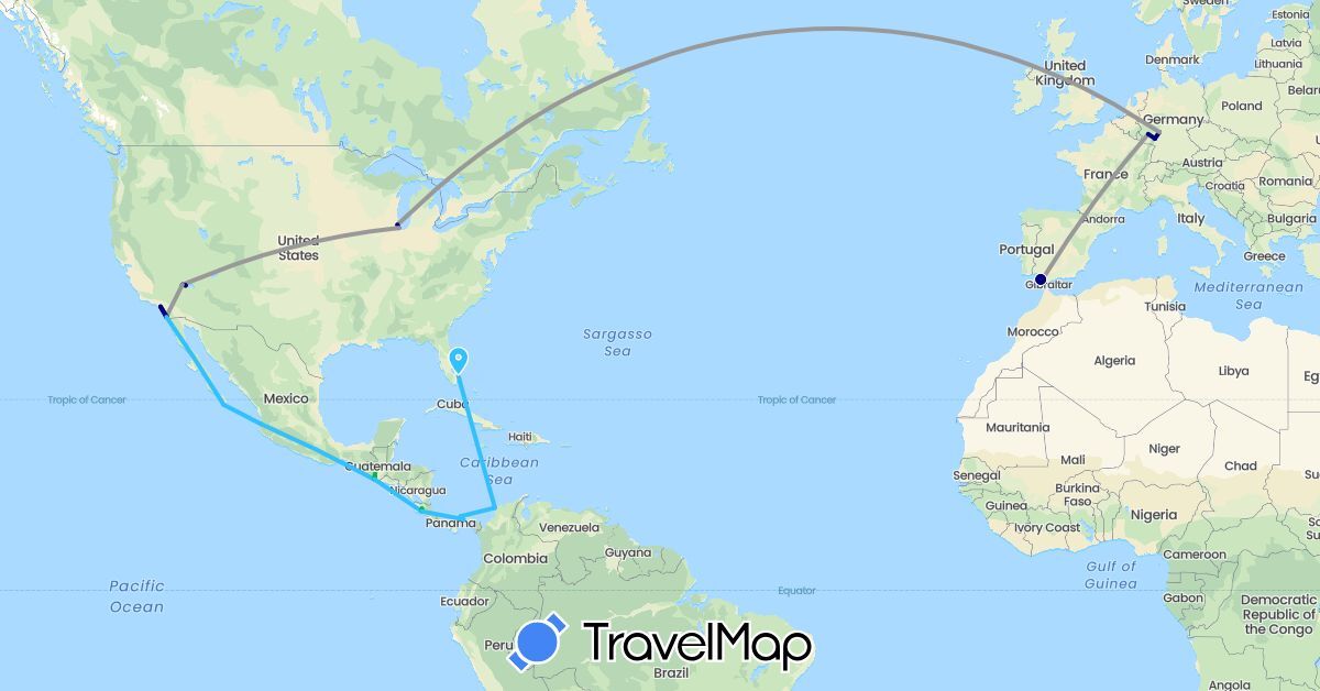 TravelMap itinerary: driving, bus, plane, boat in Colombia, Costa Rica, Germany, Spain, Guatemala, Mexico, Panama, United States (Europe, North America, South America)